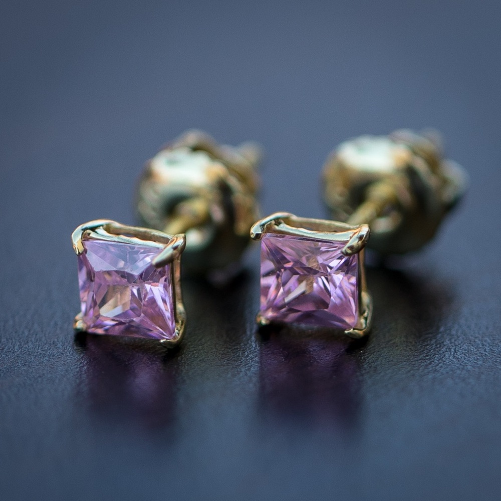 14k Gold Pink Diamond Princess Cut Stud Earrings